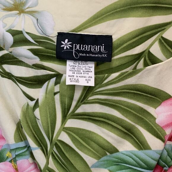 Puanani Hawaii RJC Tropical Dress Small Green Pink White Plumerias Scoop Neck - Picture 3 of 8